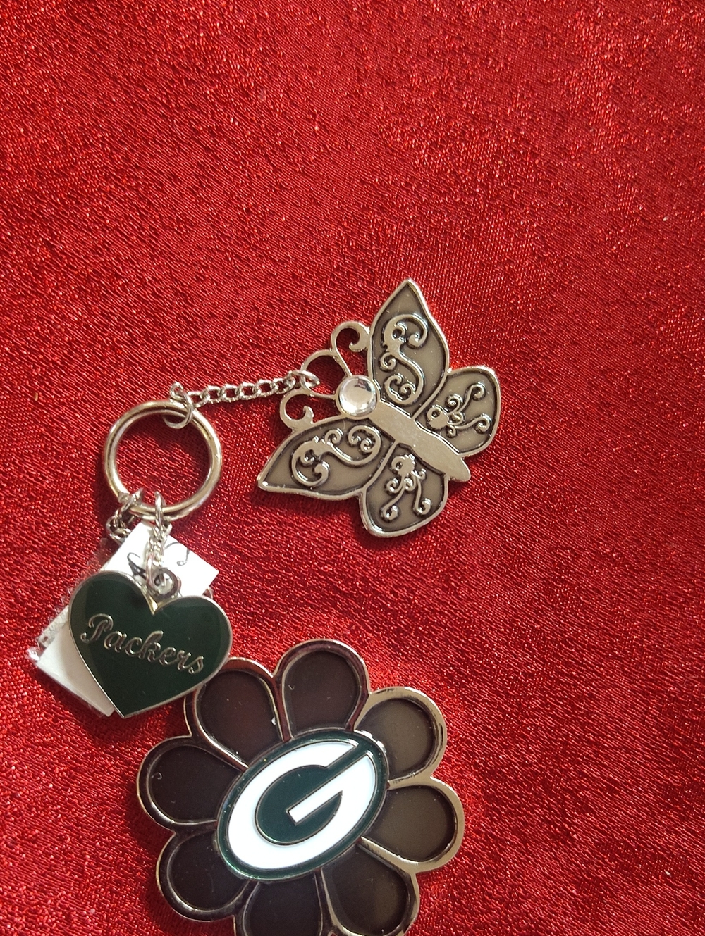 Green Bay Packers Floral Keychain with Butterfly Charm - Dark Green & Silver